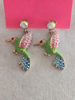 Betsey Johnson Green Hummingbird Drop Earrings with Pink Wings & Blue Tails